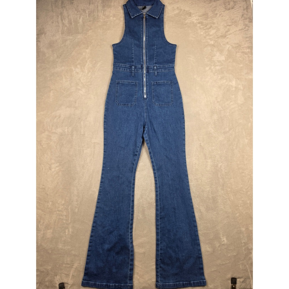 Cider Denim Jumpsuit Women XS Blue Flare Leg Sleeveless Zip Front Boho